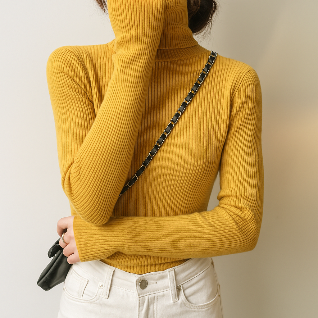Women's fine ribbed roll neck jumper with a close fit - mustard