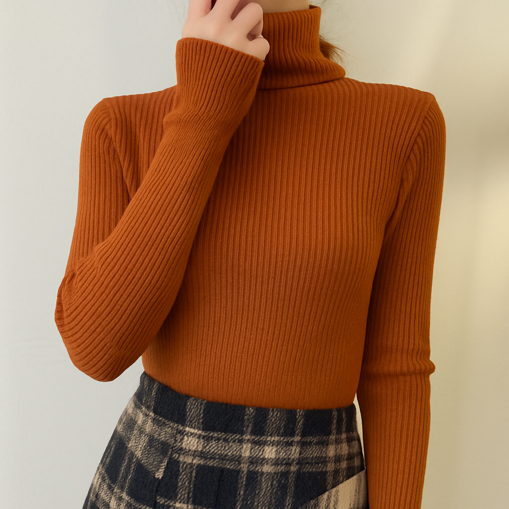 Women's fine ribbed roll neck jumper with a close fit - rust