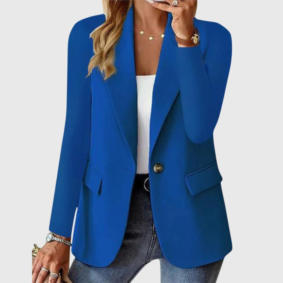 Women's fitted blazer with one button and flap pockets - cobalt blue