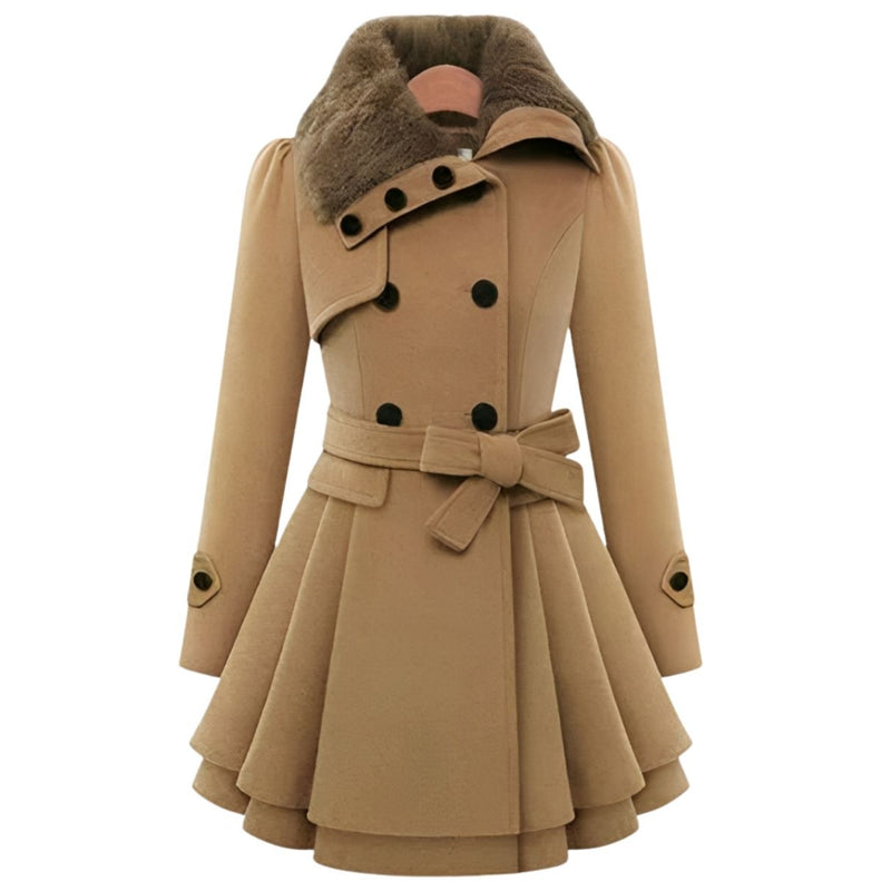 Women's fitted coat with a faux fur collar and flared skirt - camel
