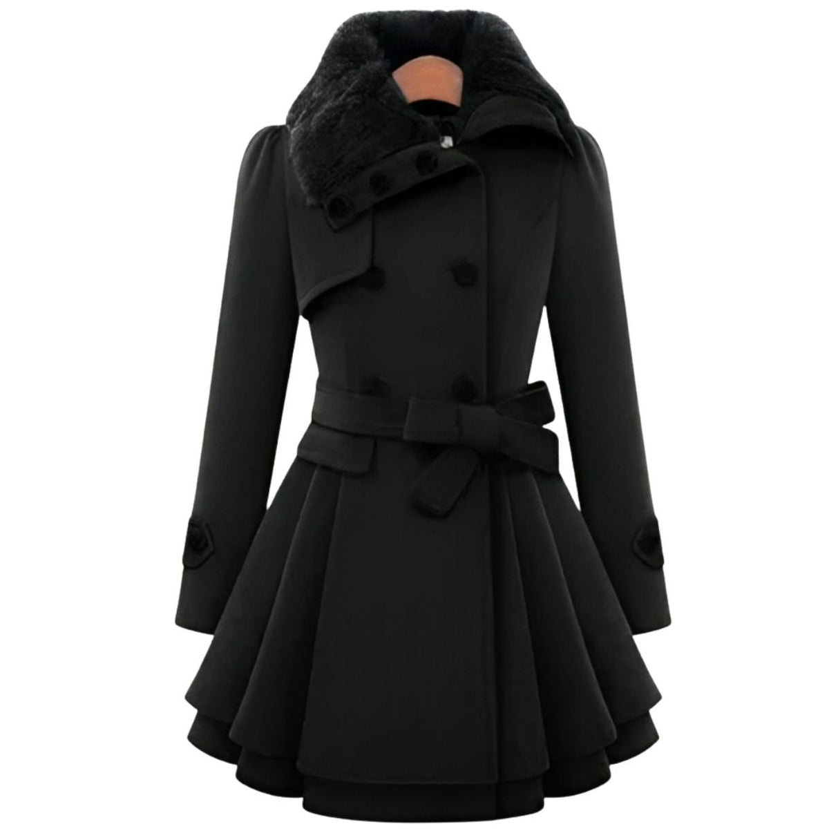 Women's fitted coat with a faux fur collar and flared skirt - black