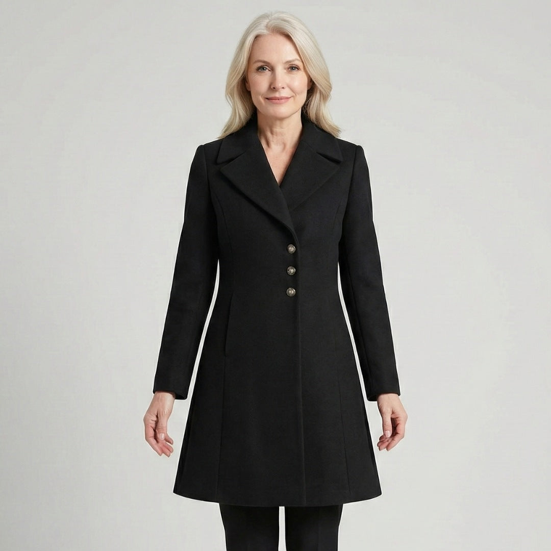 Women's fitted flared coat with wide lapels and a button front - black