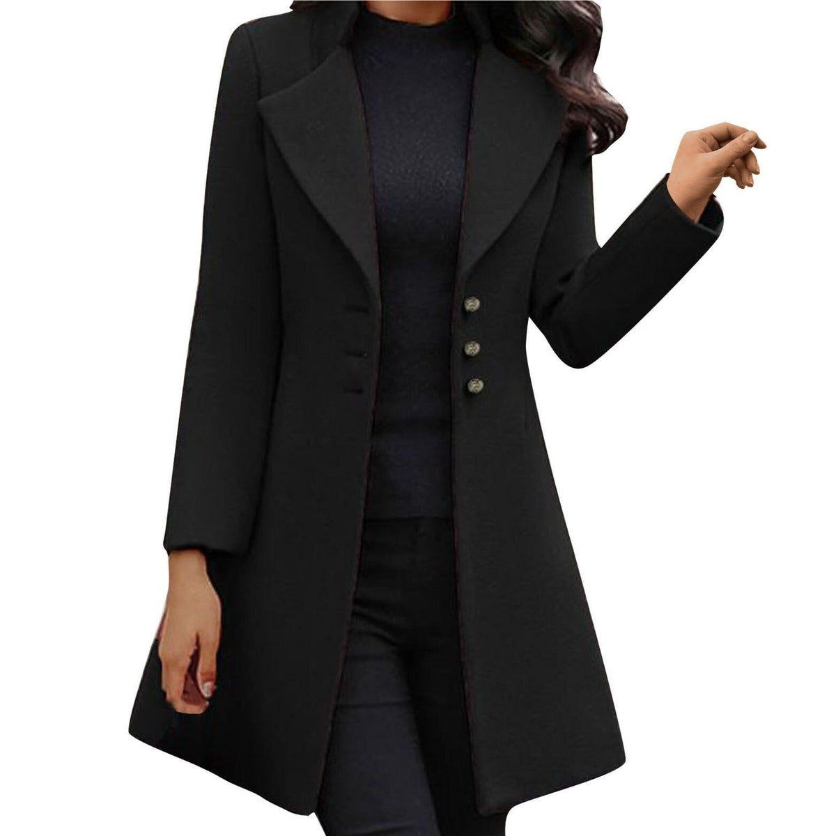 Women's fitted flared coat with wide lapels and a button front - black