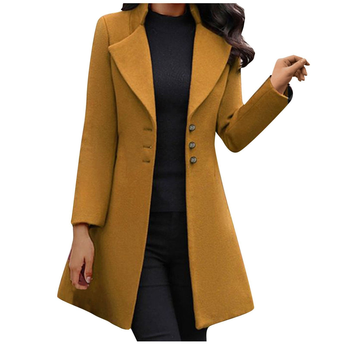 Women's fitted flared coat with wide lapels and a button front - mustard