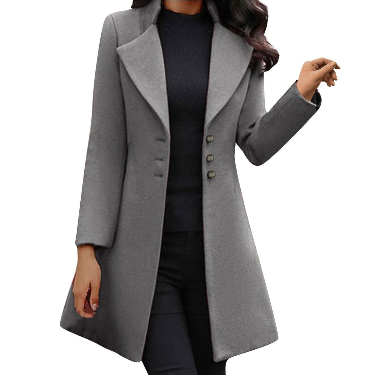 Women's fitted flared coat with wide lapels and a button front - grey