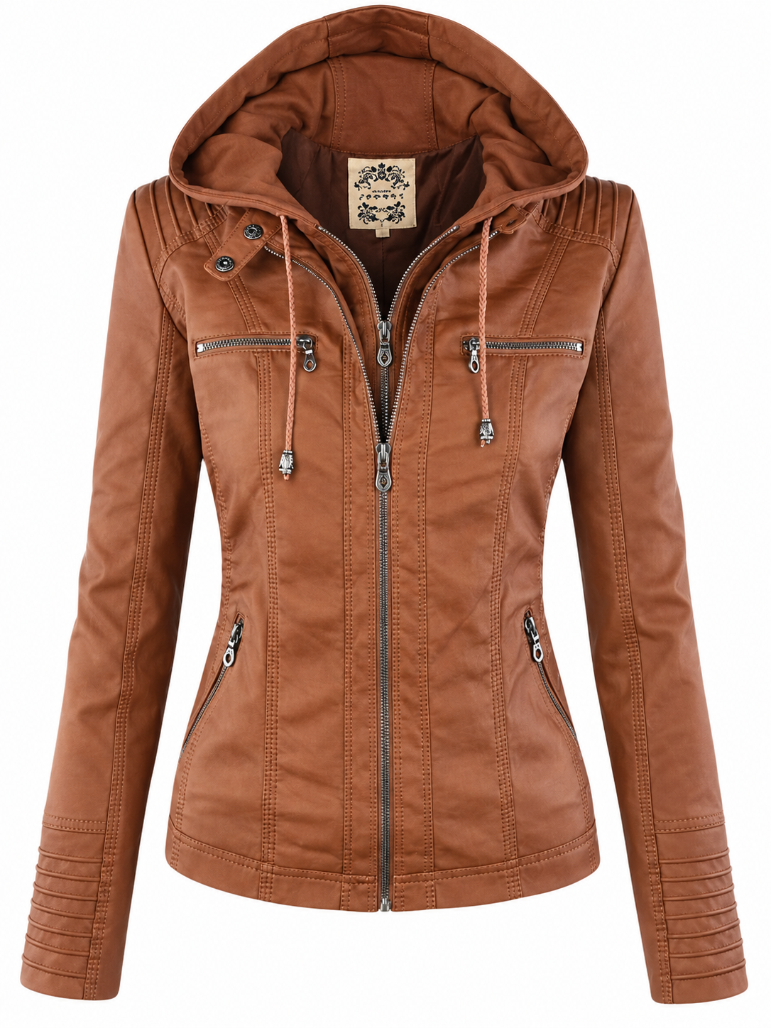Women's fitted hooded jacket in faux leather - cognac