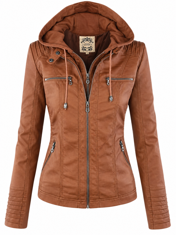 Women's fitted hooded jacket in faux leather - cognac