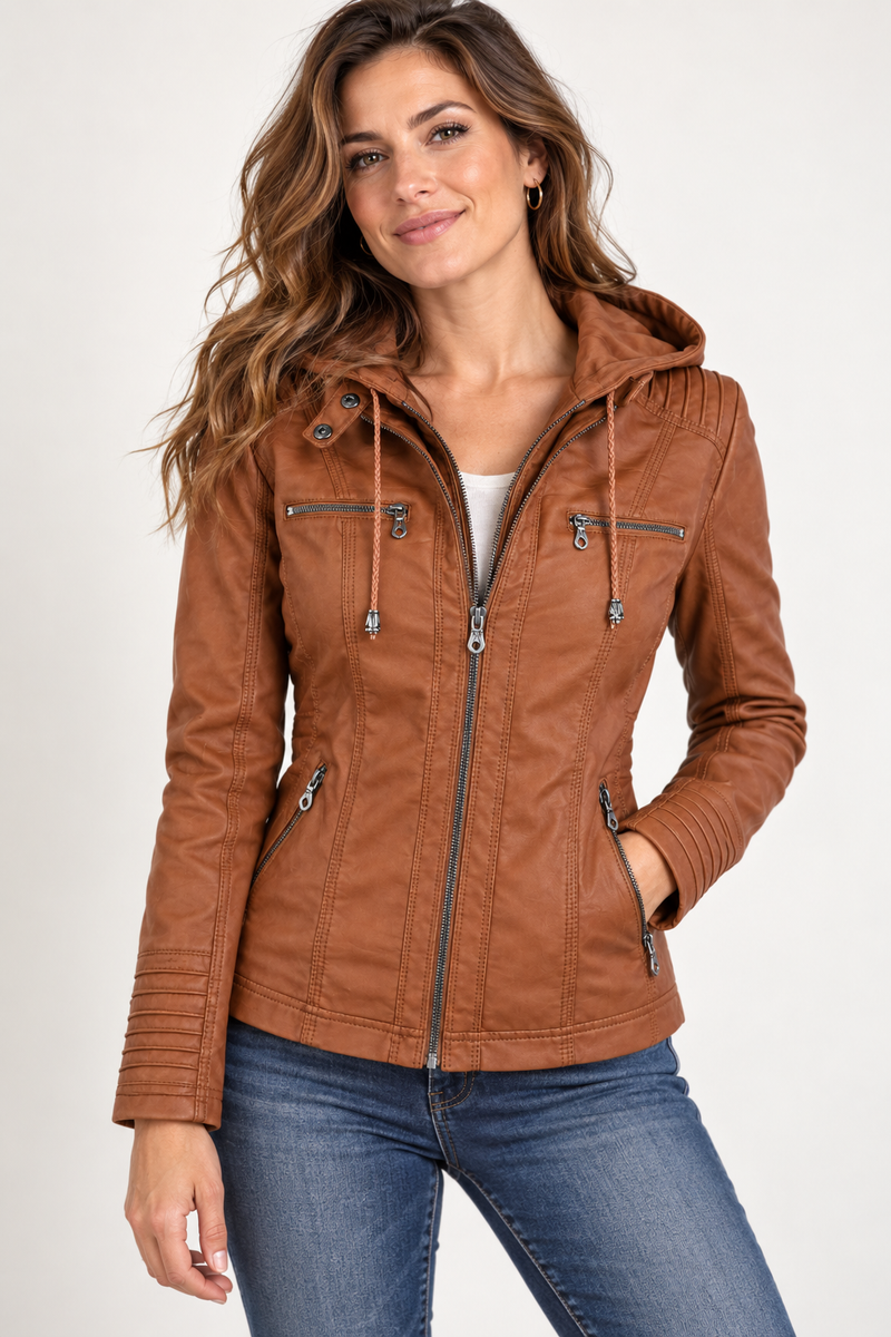 Women's fitted hooded jacket in faux leather