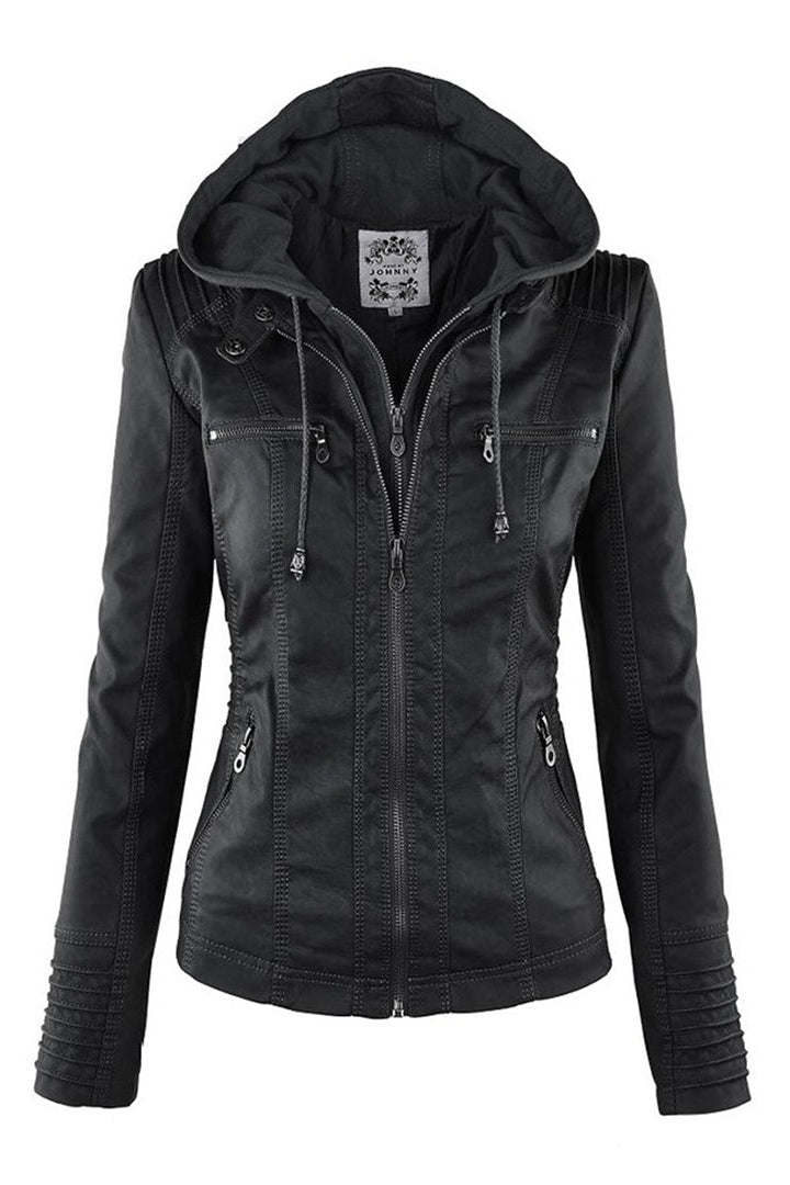 Women's fitted hooded jacket in faux leather - black