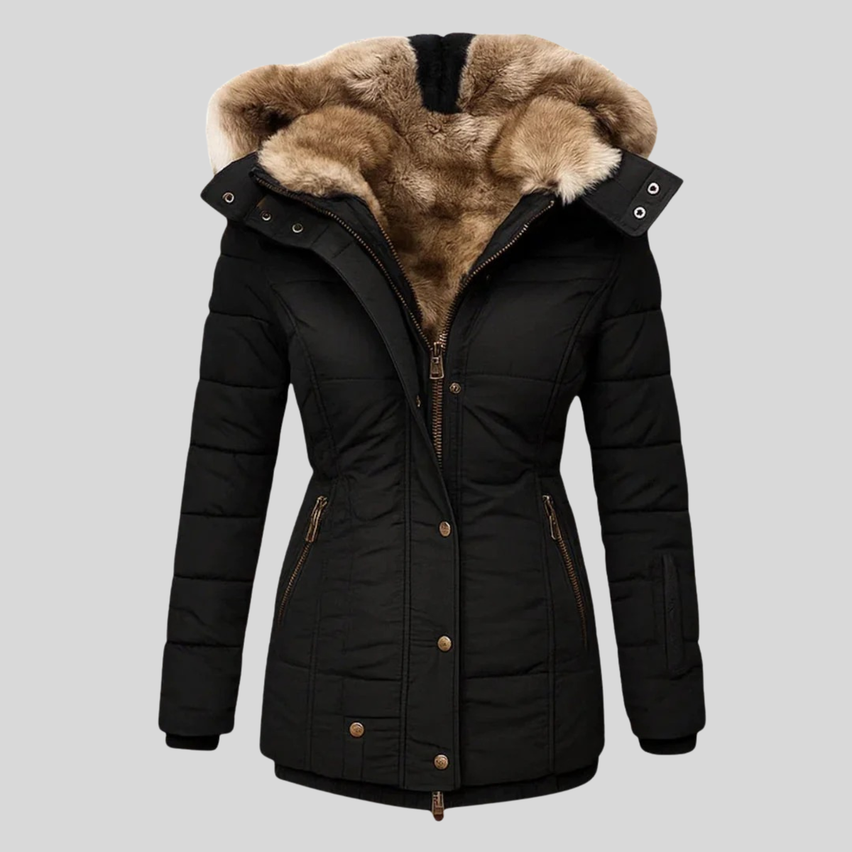 Women's fitted hooded parka with a faux fur trim - black