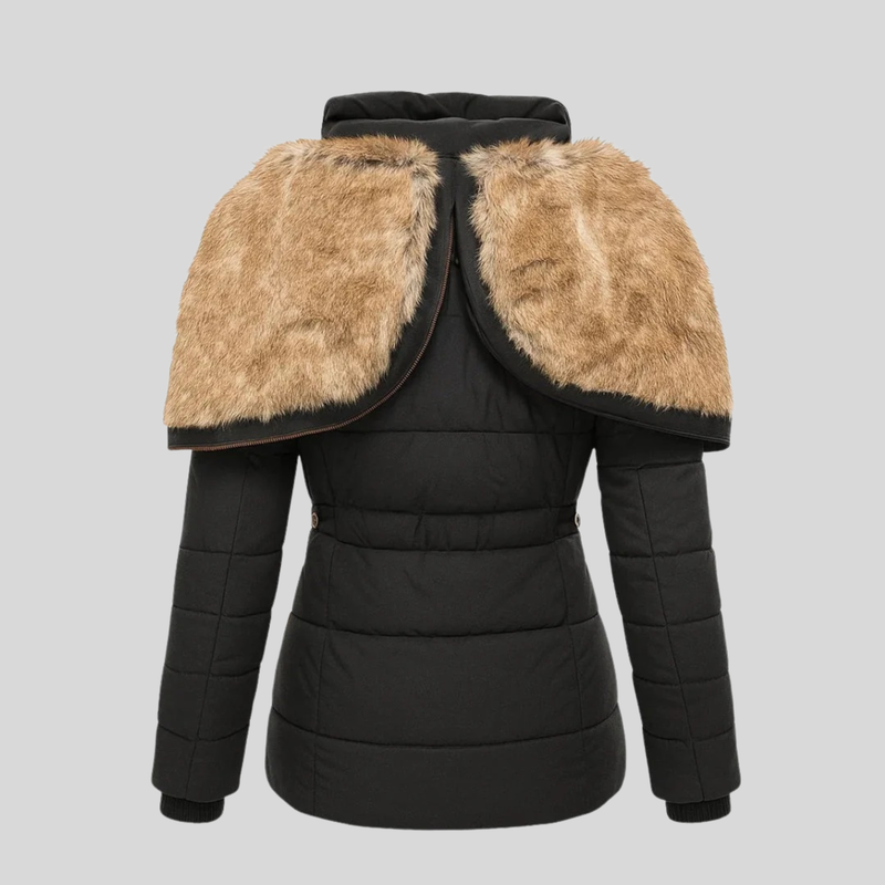 Women's fitted hooded parka with a faux fur trim