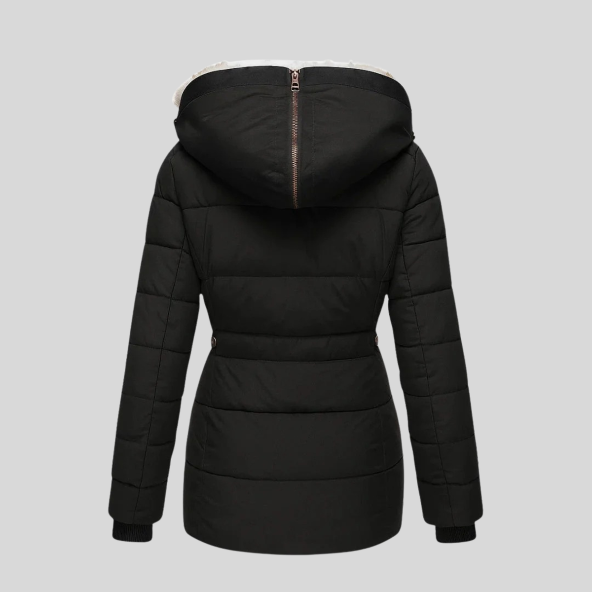 Women's fitted hooded parka with a faux fur trim