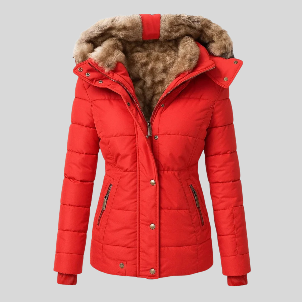 Women's fitted hooded parka with a faux fur trim - red