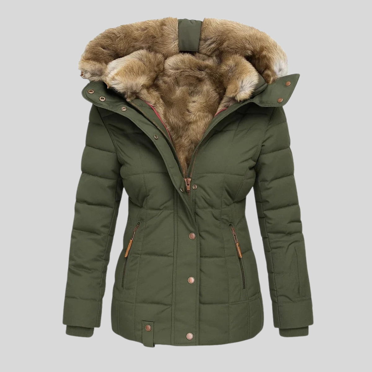 Women's fitted hooded parka with a faux fur trim - olive