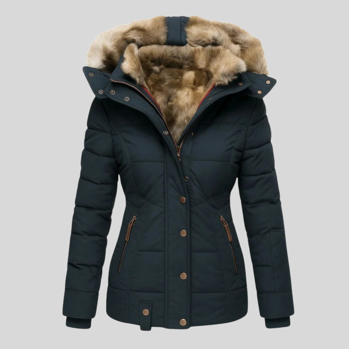 Women's fitted hooded parka with a faux fur trim - navy