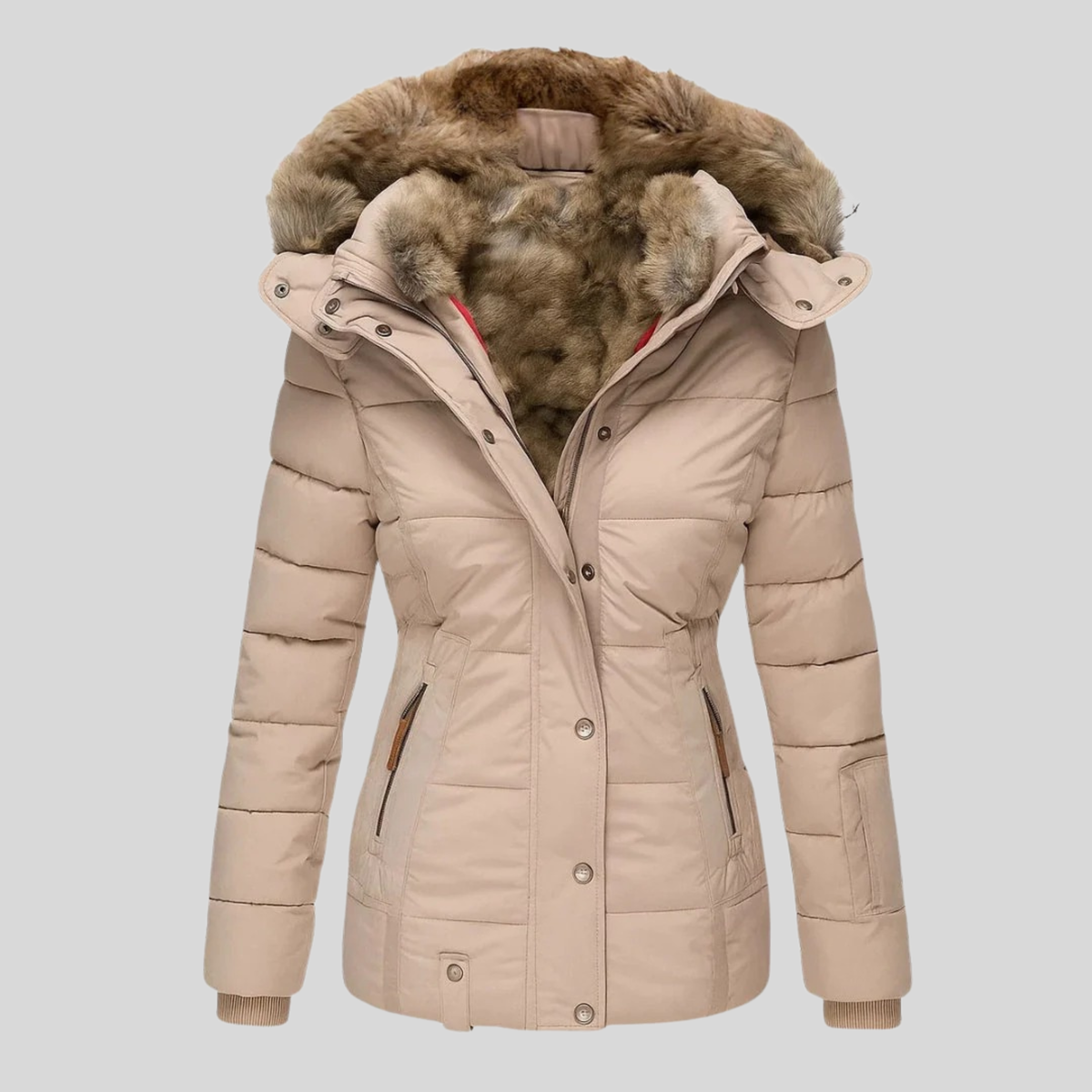 Women's fitted hooded parka with a faux fur trim - beige