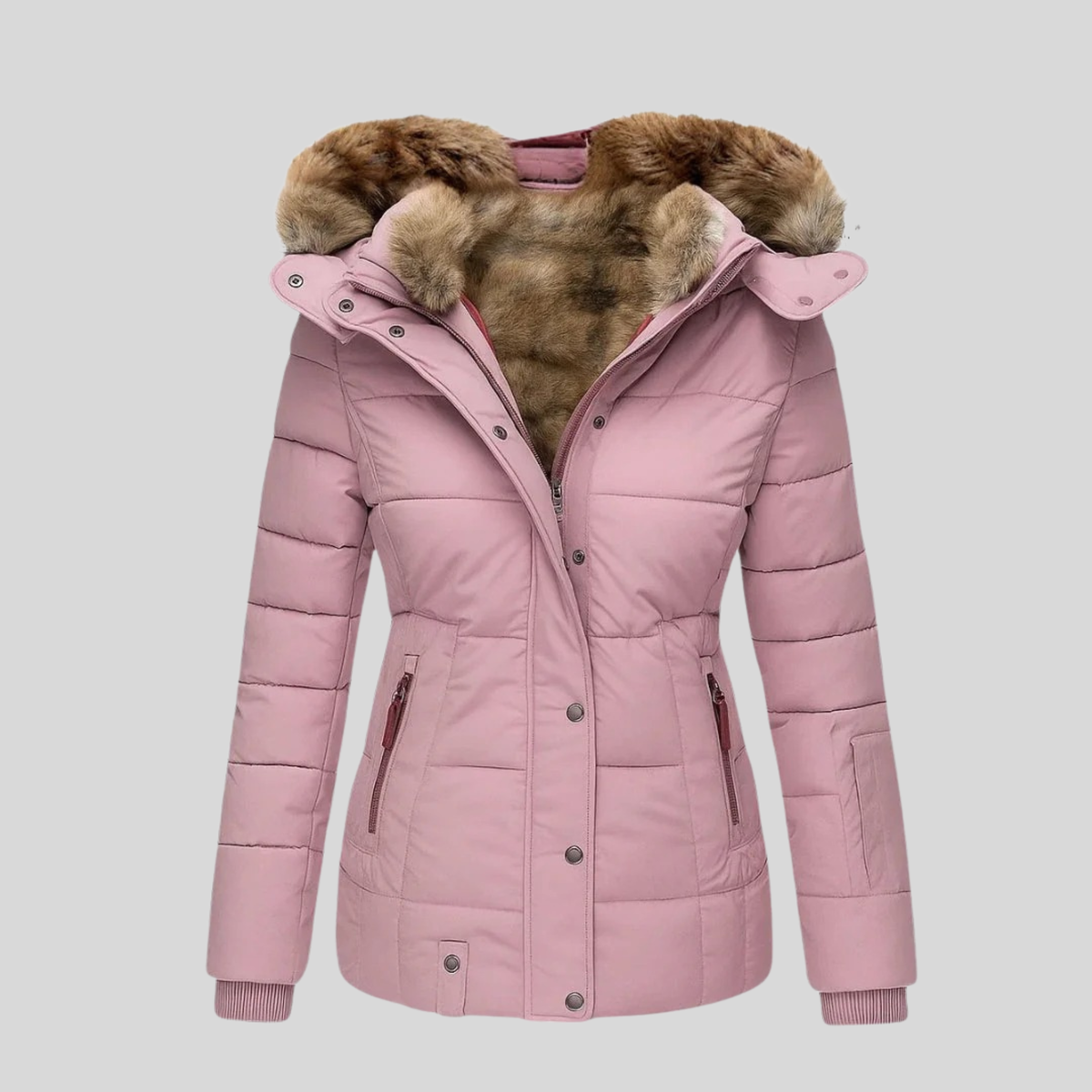 Women's fitted hooded parka with a faux fur trim - dusty pink