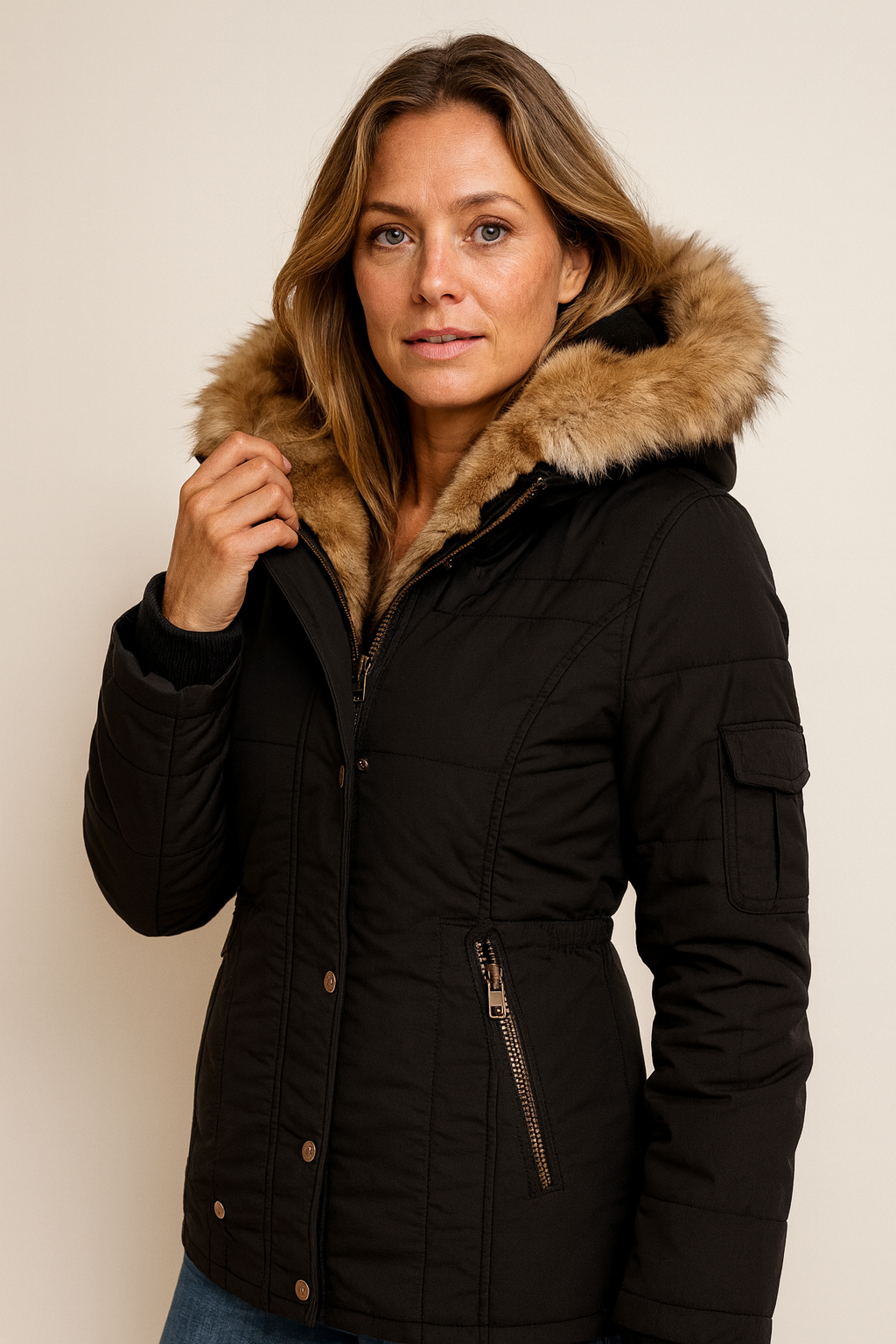 Women's fitted hooded parka with a faux fur trim