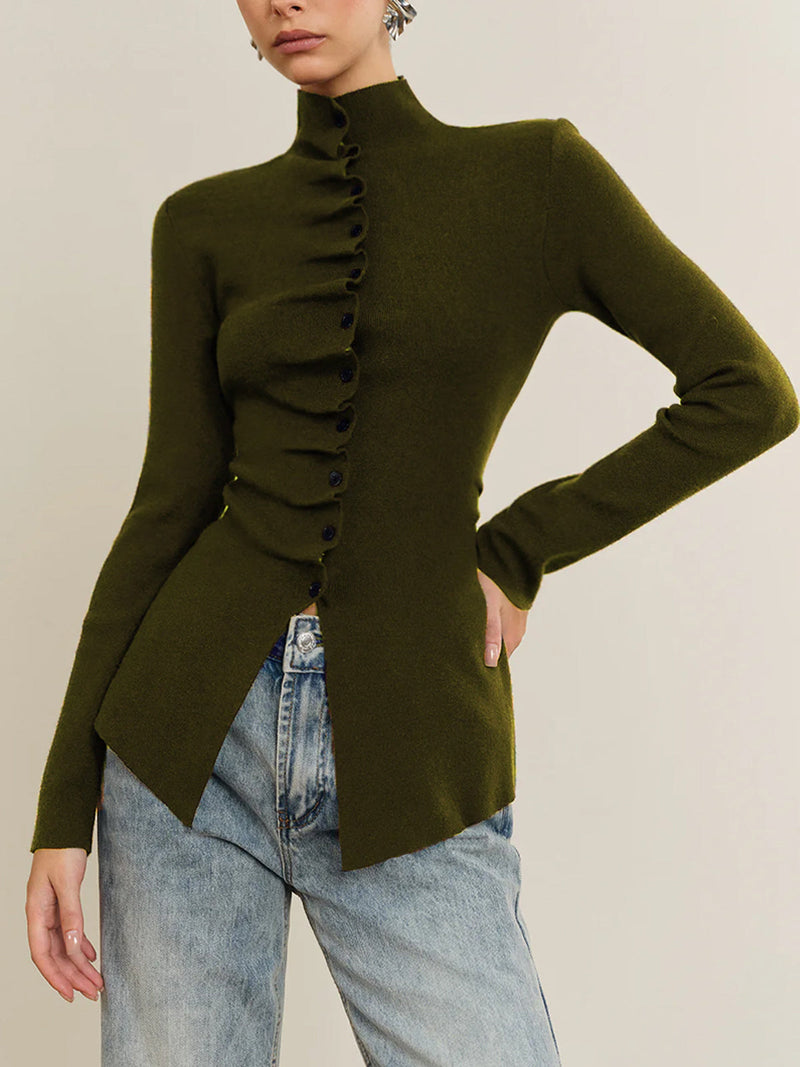 Women's fitted cardigan with a mock neck and pleated button front - olive green