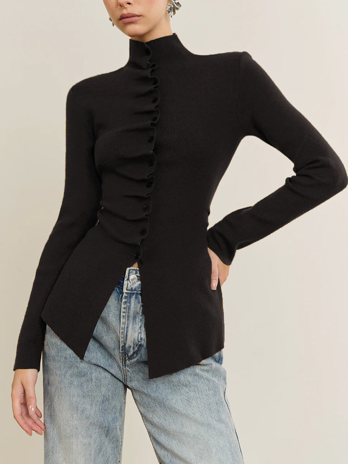 Women's fitted cardigan with a mock neck and pleated button front - black