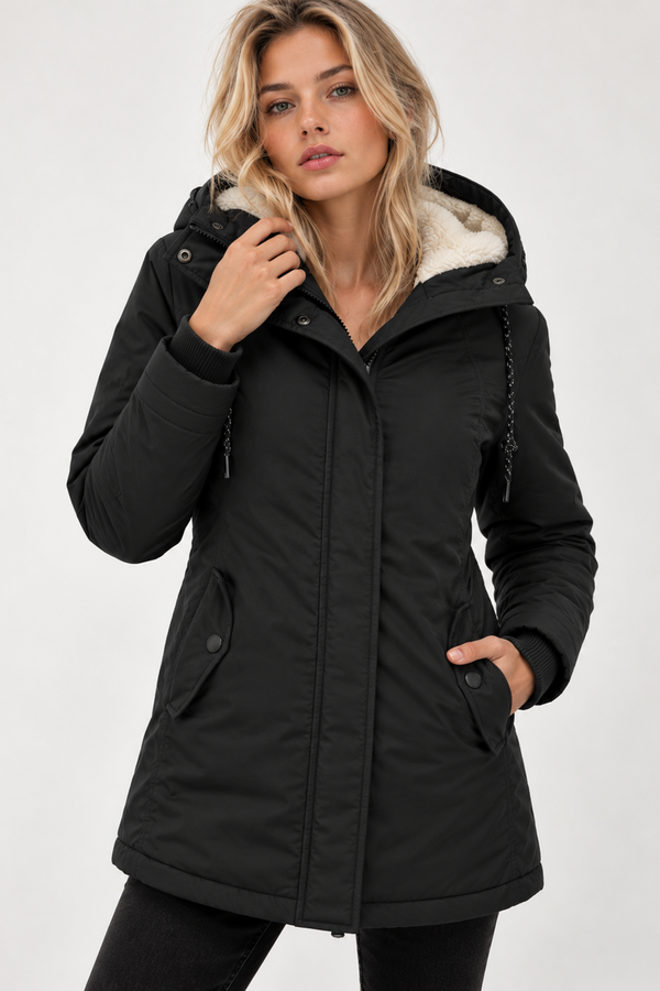 Women's fitted parka with teddy lining and a fixed hood