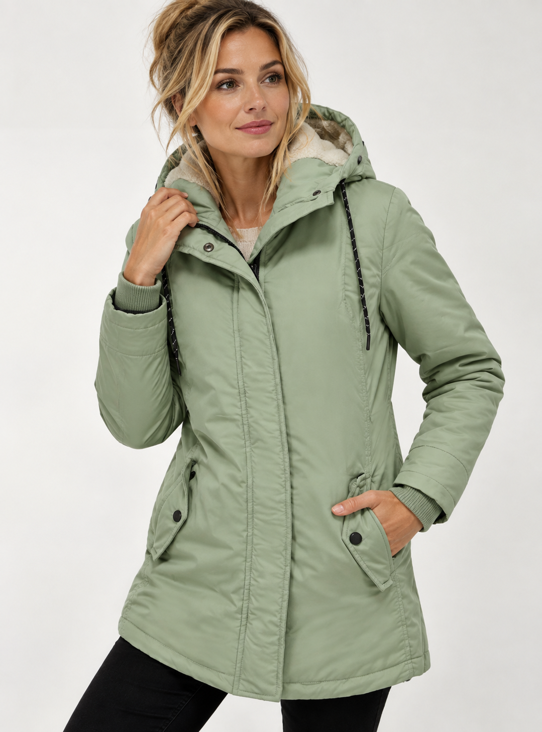 Women's fitted parka with teddy lining and a fixed hood