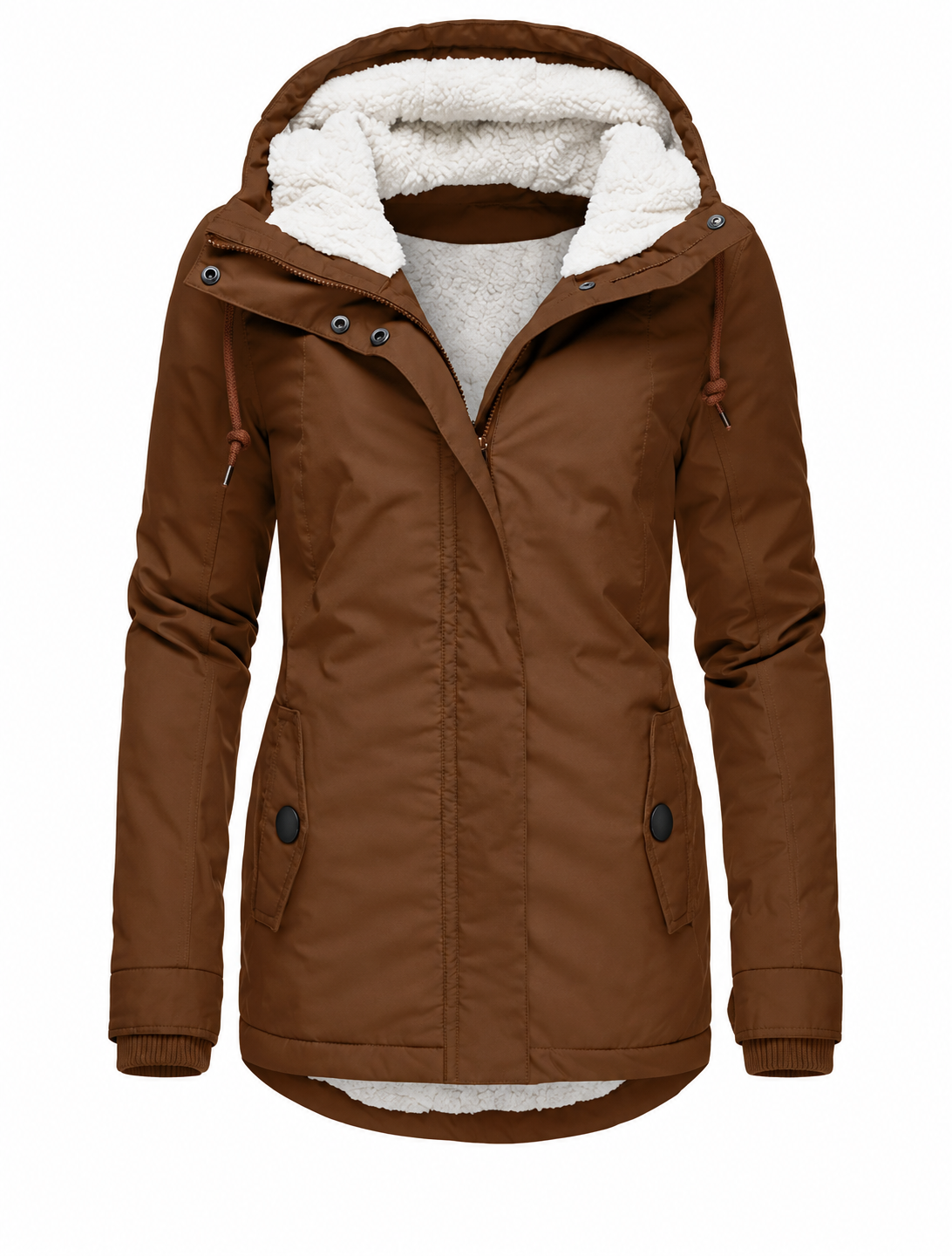 Women's fitted parka with teddy lining and a fixed hood - cognac