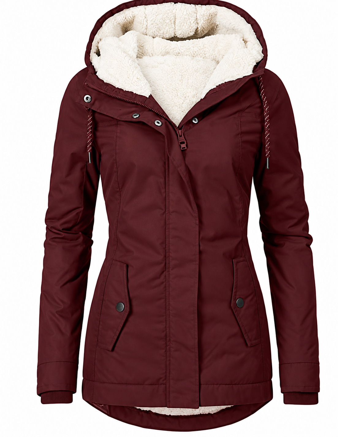 Women's fitted parka with teddy lining and a fixed hood - burgundy