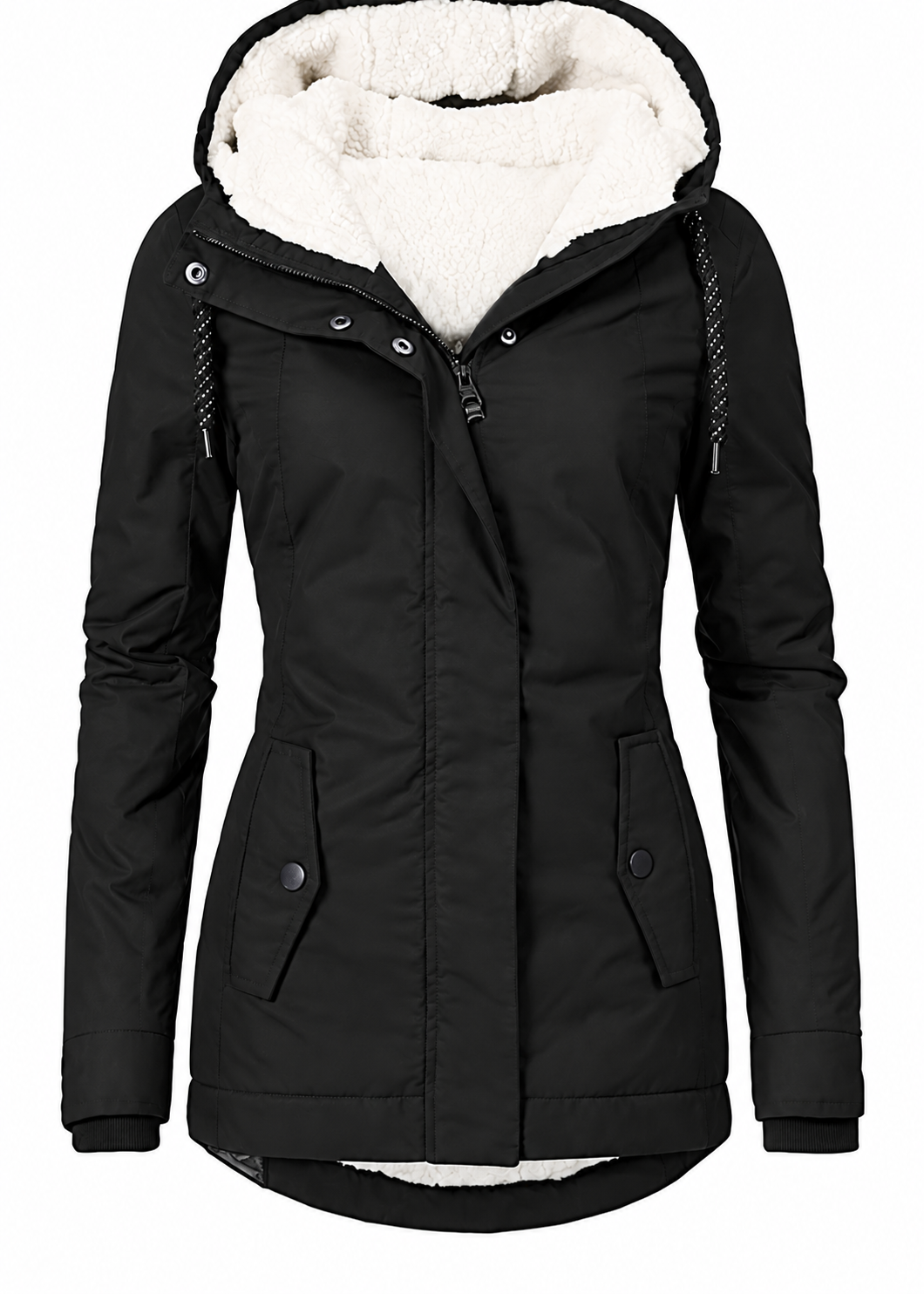 Women's fitted parka with teddy lining and a fixed hood - black