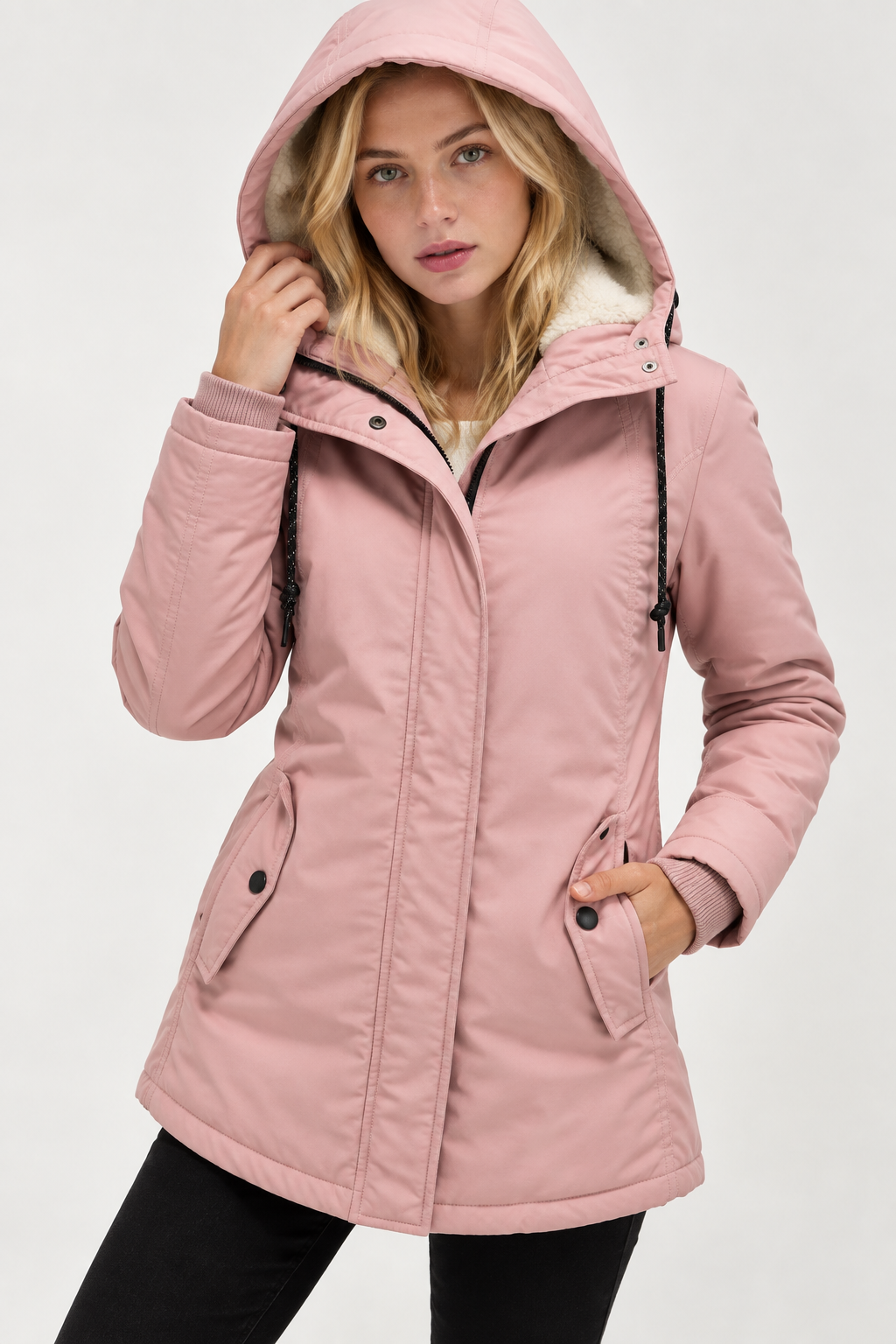 Women's fitted parka with teddy lining and a fixed hood - pink