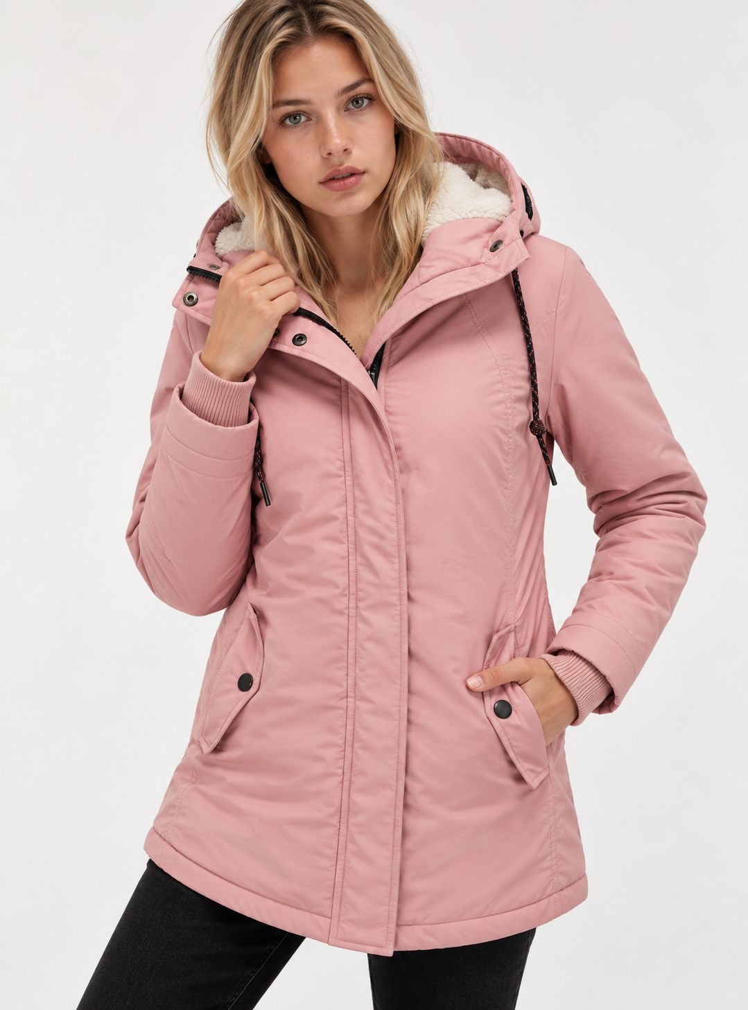 Women's fitted parka with teddy lining and a fixed hood