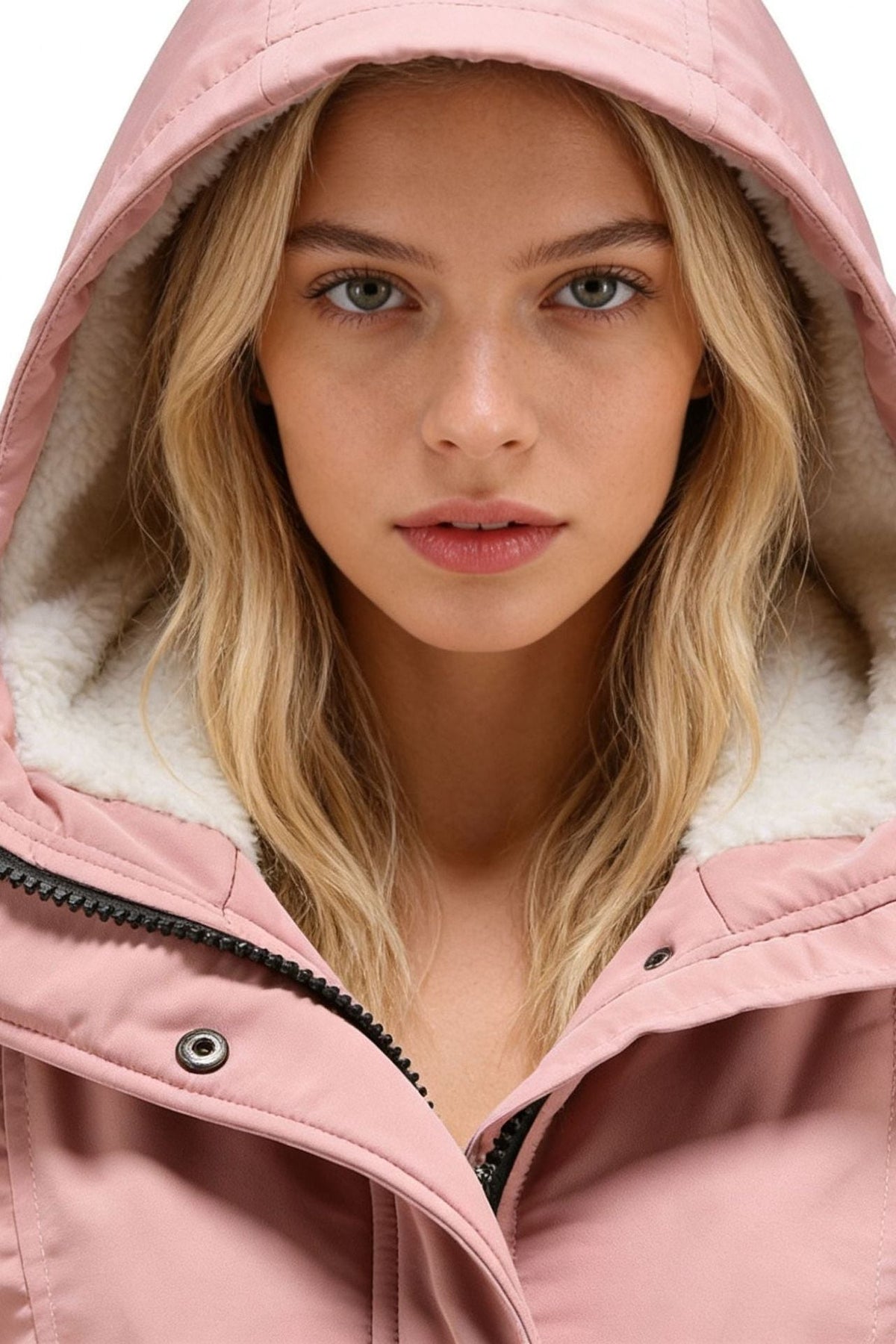 Women's fitted parka with teddy lining and a fixed hood