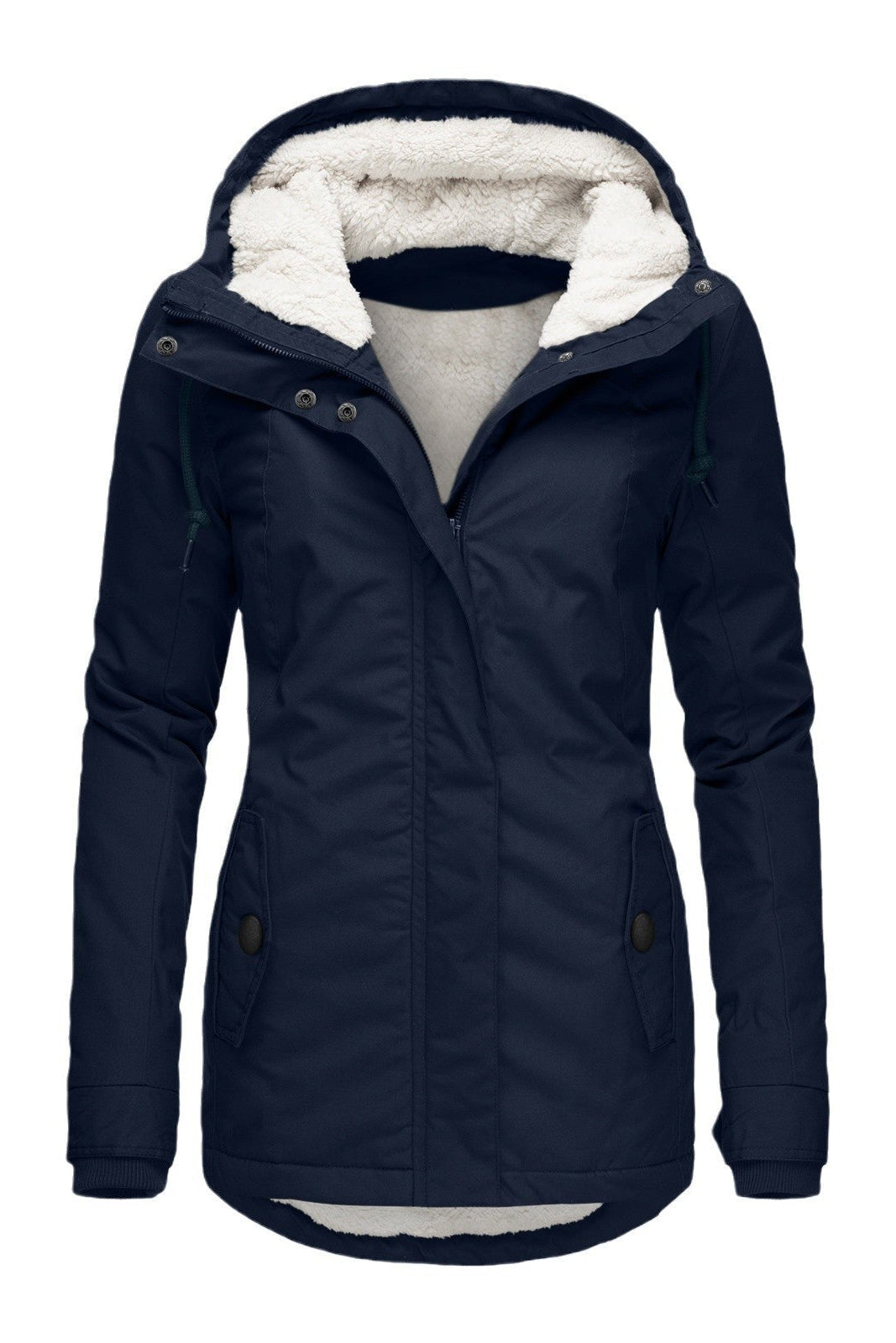 Women's fitted parka with teddy lining and a fixed hood - navy