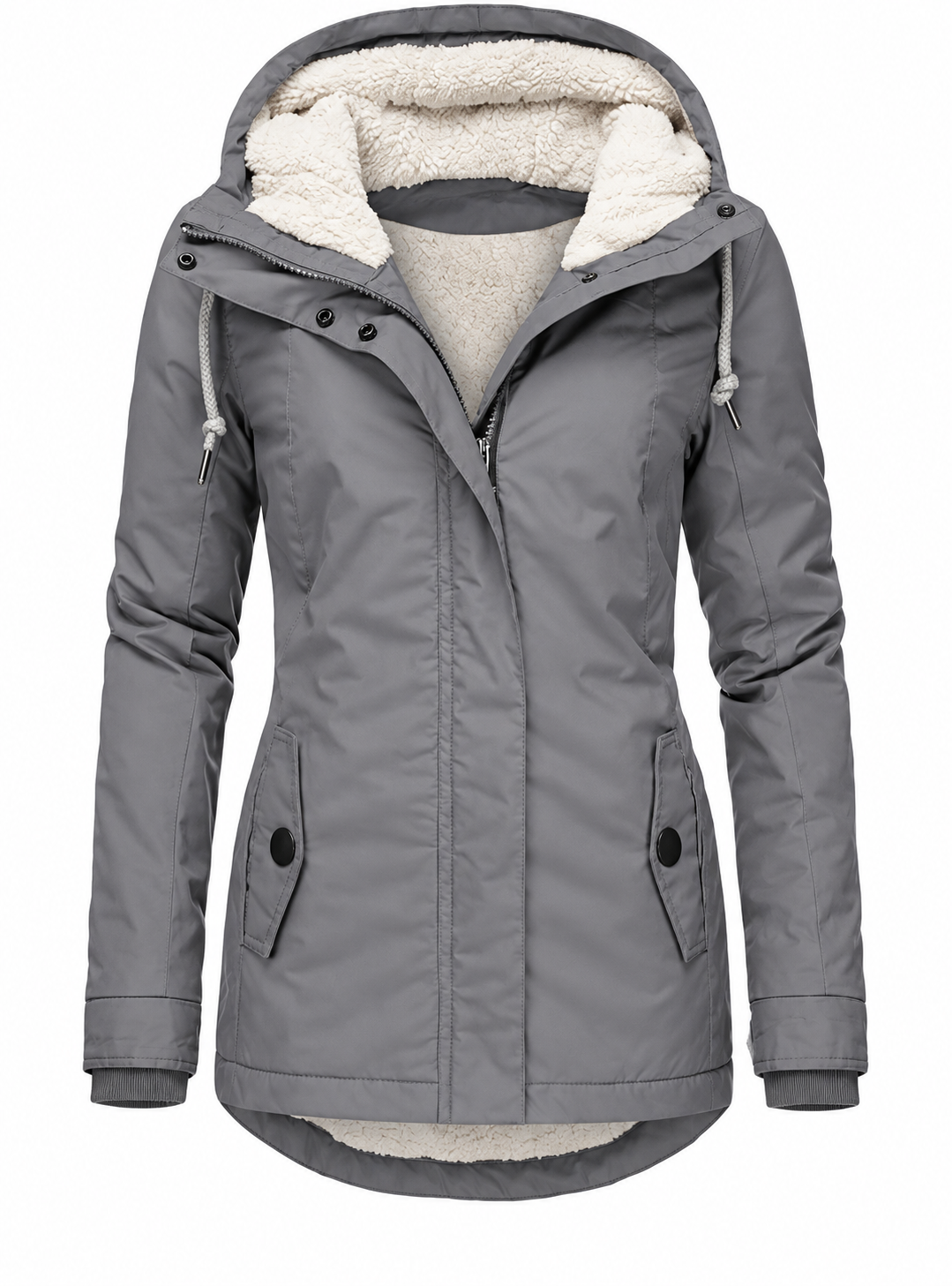 Women's fitted parka with teddy lining and a fixed hood - grey