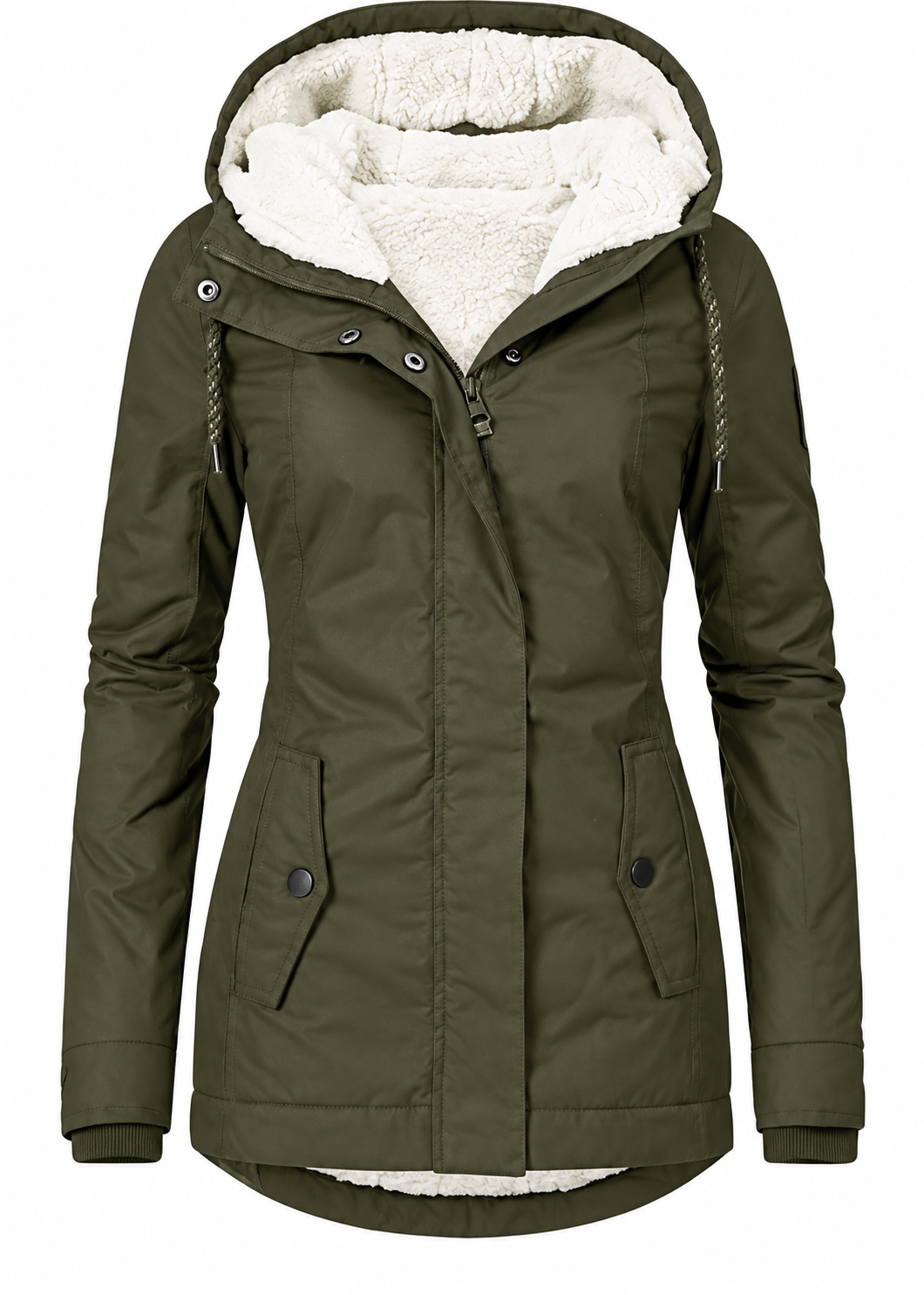 Women's fitted parka with teddy lining and a fixed hood - olive