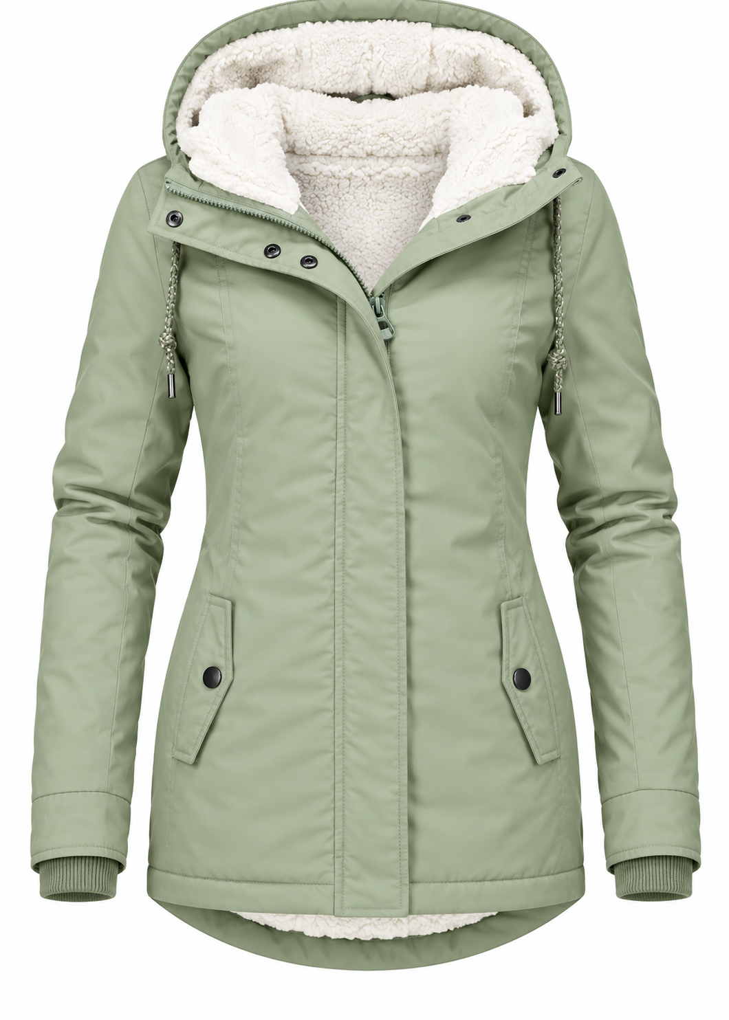 Women's fitted parka with teddy lining and a fixed hood - sage green