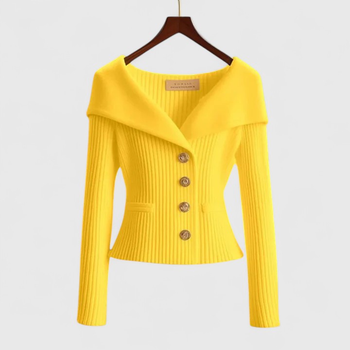 Women's fitted ribbed cardigan with a wide foldover collar and gold-tone buttons - yellow