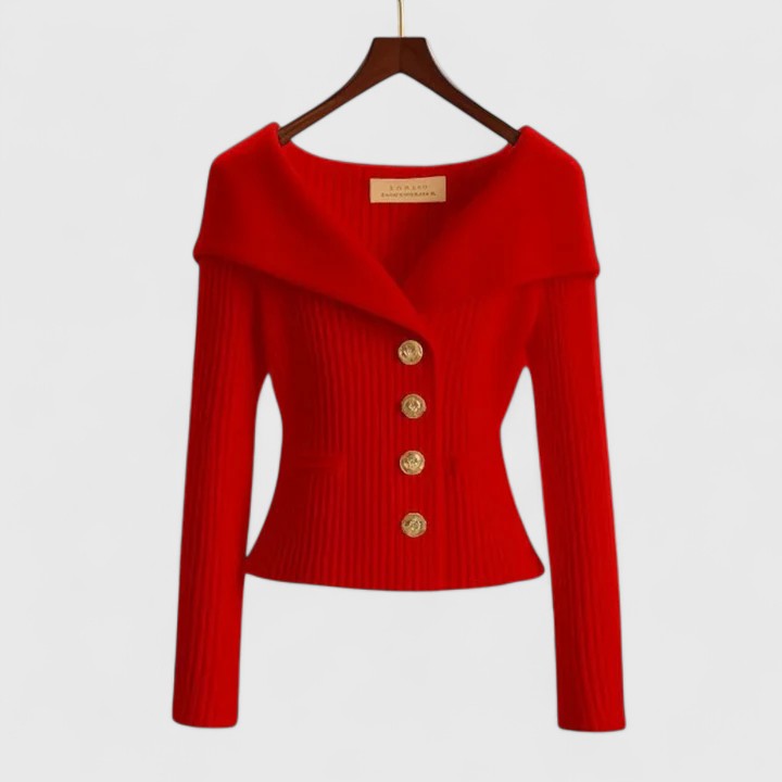 Women's fitted ribbed cardigan with a wide foldover collar and gold-tone buttons - red
