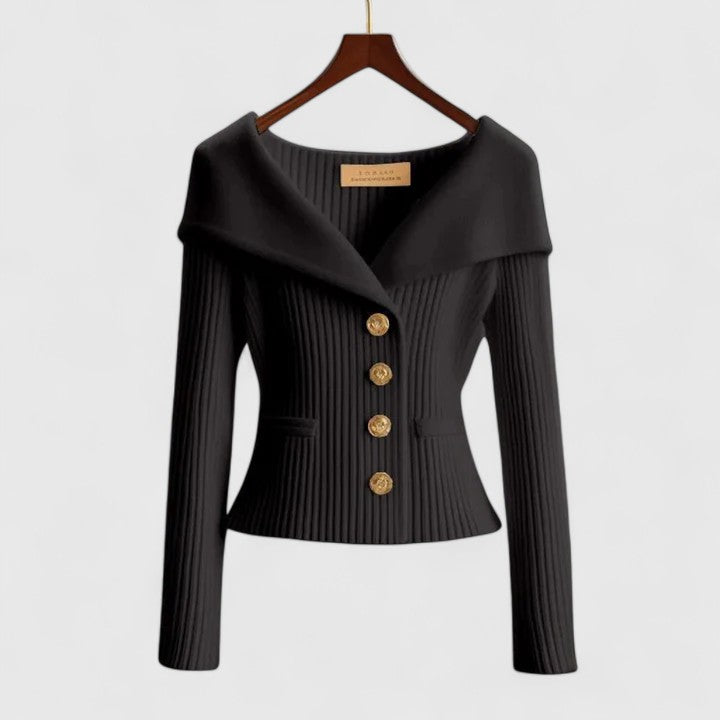 Women's fitted ribbed cardigan with a wide foldover collar and gold-tone buttons - black