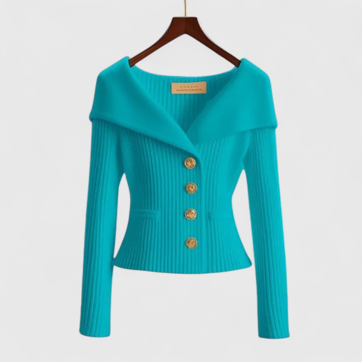 Women's fitted ribbed cardigan with a wide foldover collar and gold-tone buttons - turquoise