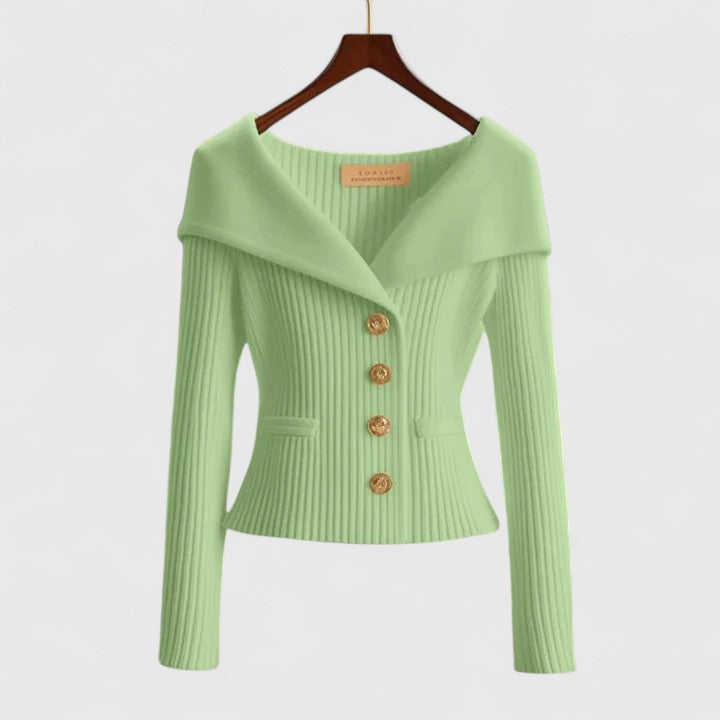 Women's fitted ribbed cardigan with a wide foldover collar and gold-tone buttons - light green
