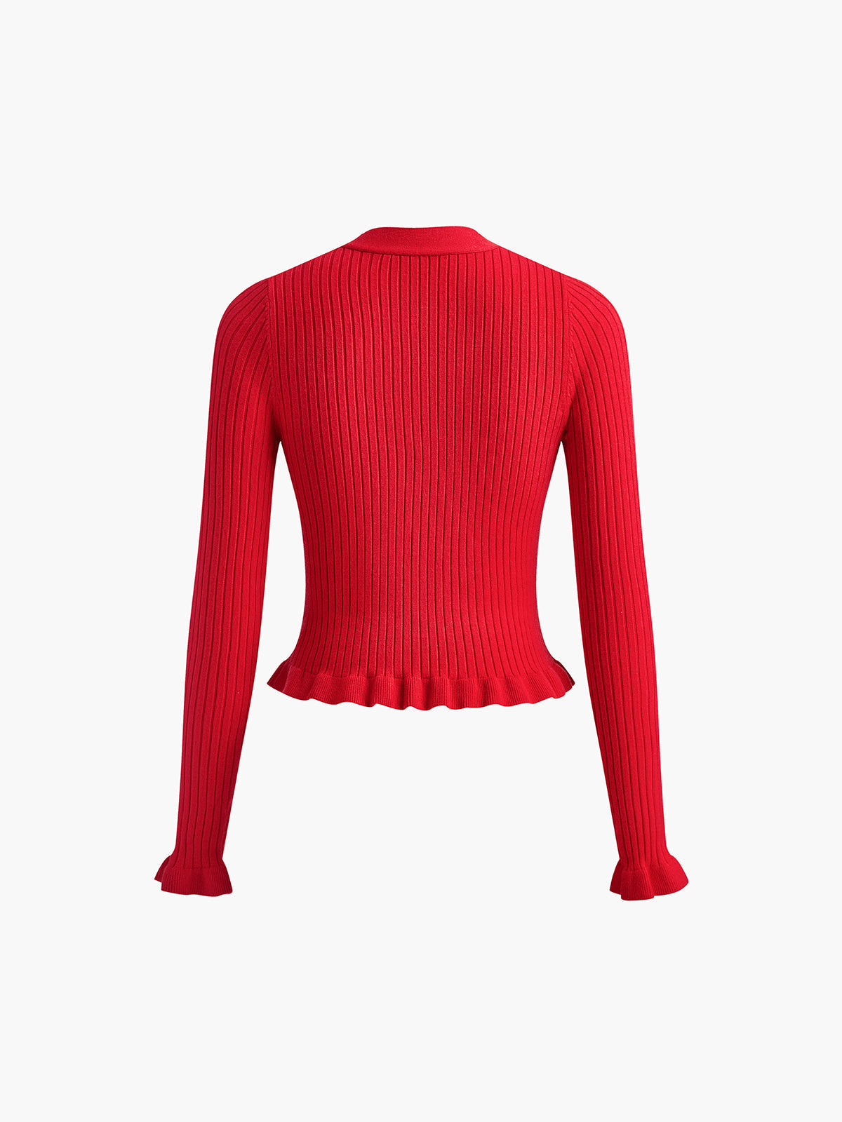 Women's fitted ribbed cardigan with a V-neck, pearl-look buttons and ruffle hem
