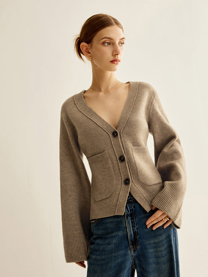 Women's fitted V-neck cardigan with flared sleeves and patch pockets