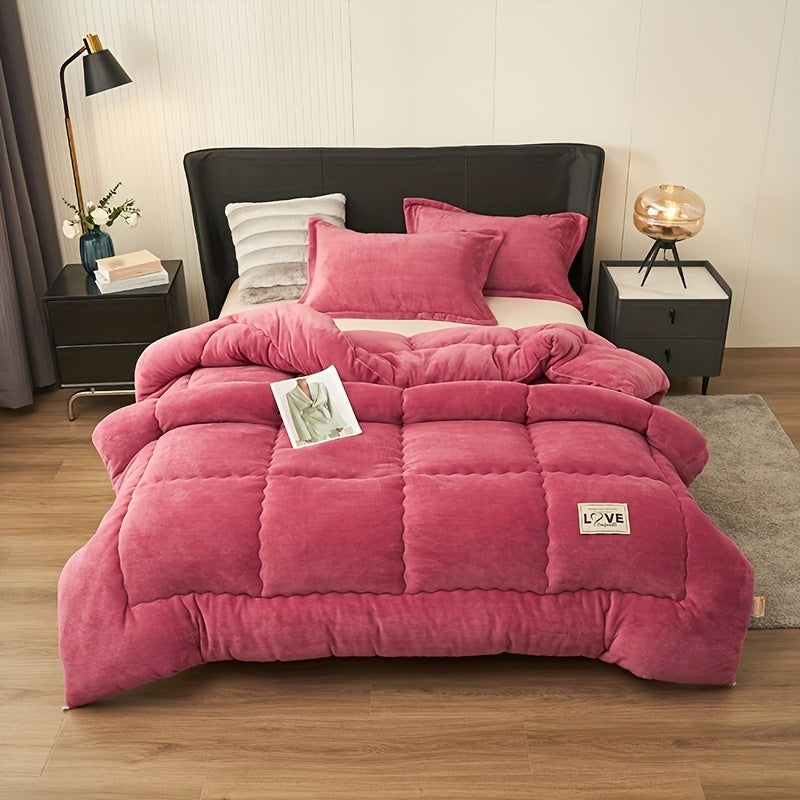 Quilted fleece duvet without a cover, with stitched squares - raspberry pink
