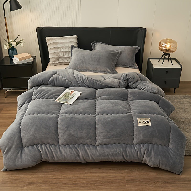 Quilted fleece duvet without a cover, with stitched squares - grey