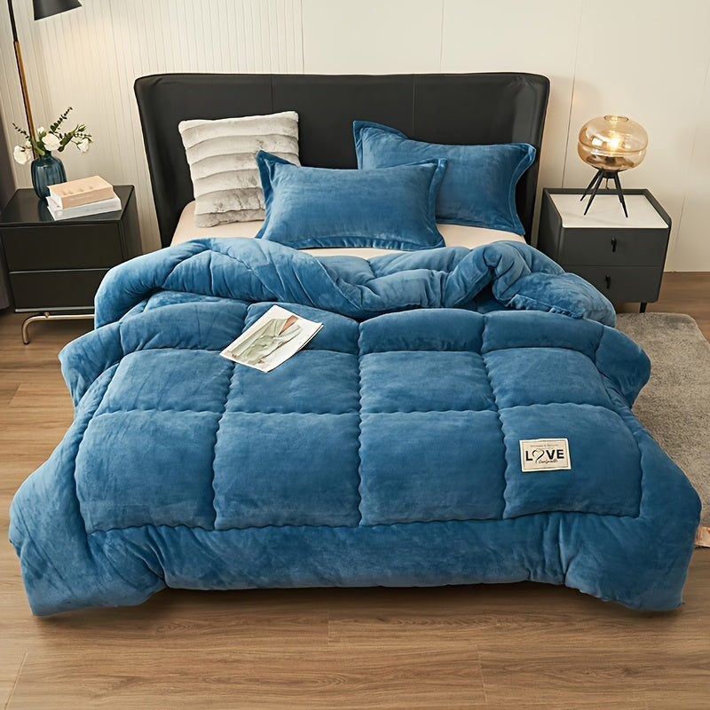 Quilted fleece duvet without a cover, with stitched squares - blue