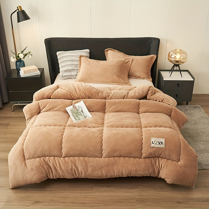 Quilted fleece duvet without a cover, with stitched squares - camel