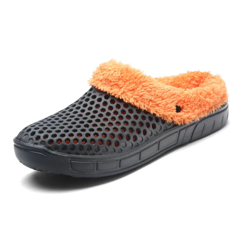 Slippers with a vented EVA upper, fleece lining and open heel - dark grey / orange