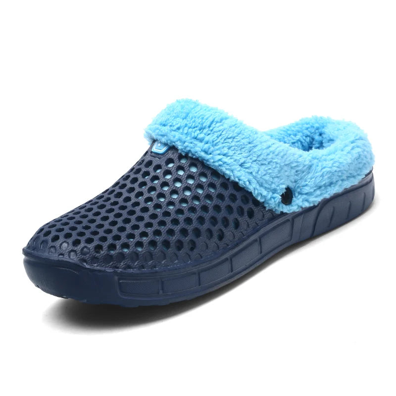 Slippers with a vented EVA upper, fleece lining and open heel - navy / light blue
