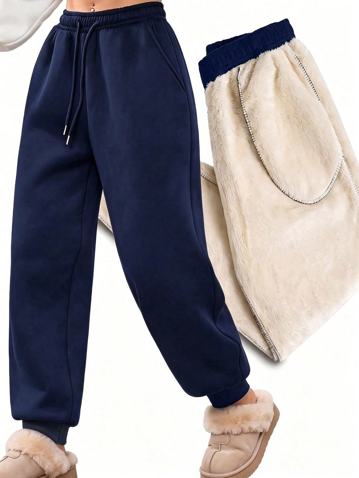 Fleece lined joggers for women with a teddy lining and drawstring - navy
